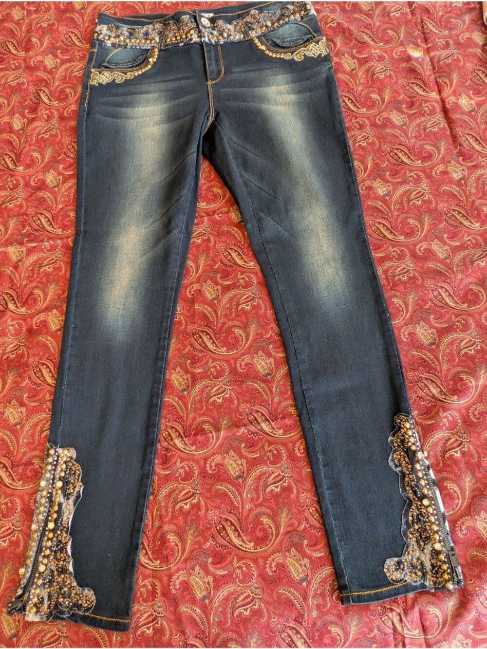 Women's Y2K Denim Flare Leg Gold Embroidered Floral Designs Rhinestones Size 10